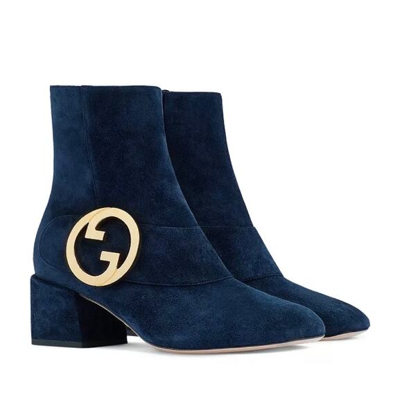 Gucci Blondie Block Heel Booties in Blue Suede - Picture 1 of 14